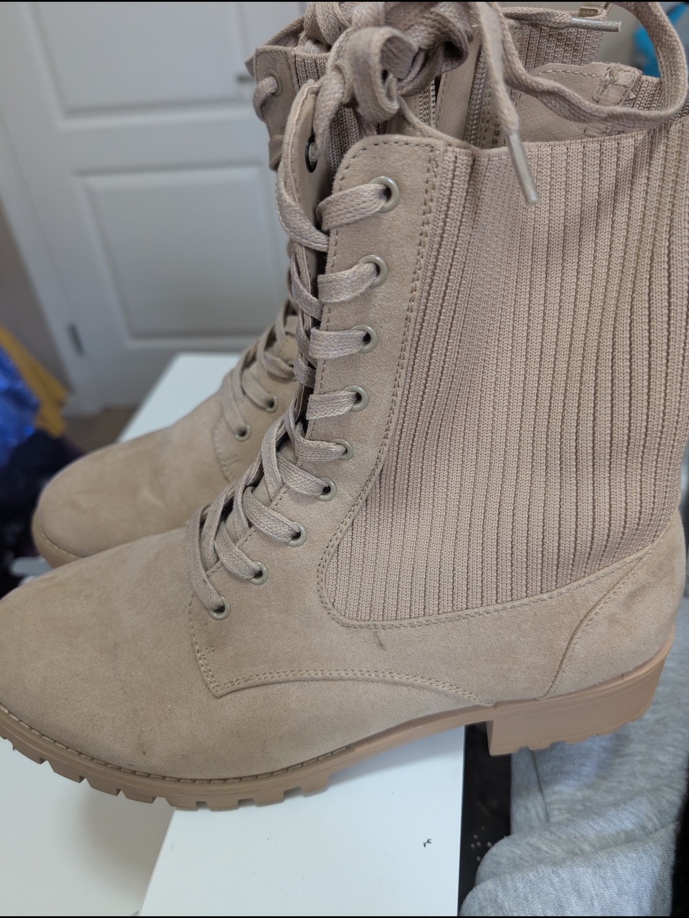 torrid Beige Lace-Up Rib Knit Combat Boots
